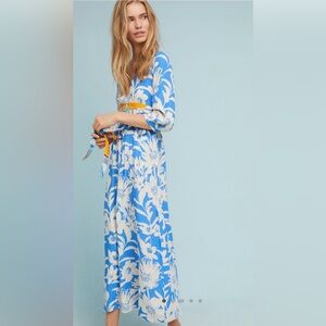 Maeve Anthropologie Belted Kimono Maxi Dress with a blue and white floral print.